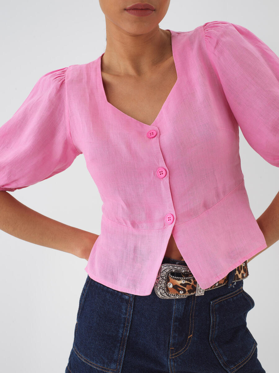 Pembe %100 Keten Regular Fit Bluz - 1