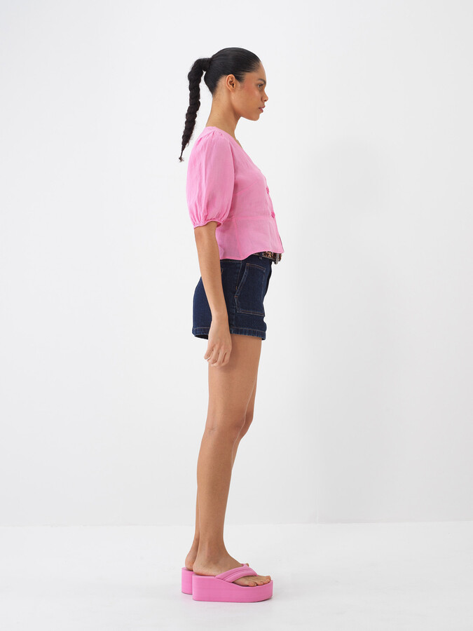 Pembe %100 Keten Regular Fit Bluz - 3