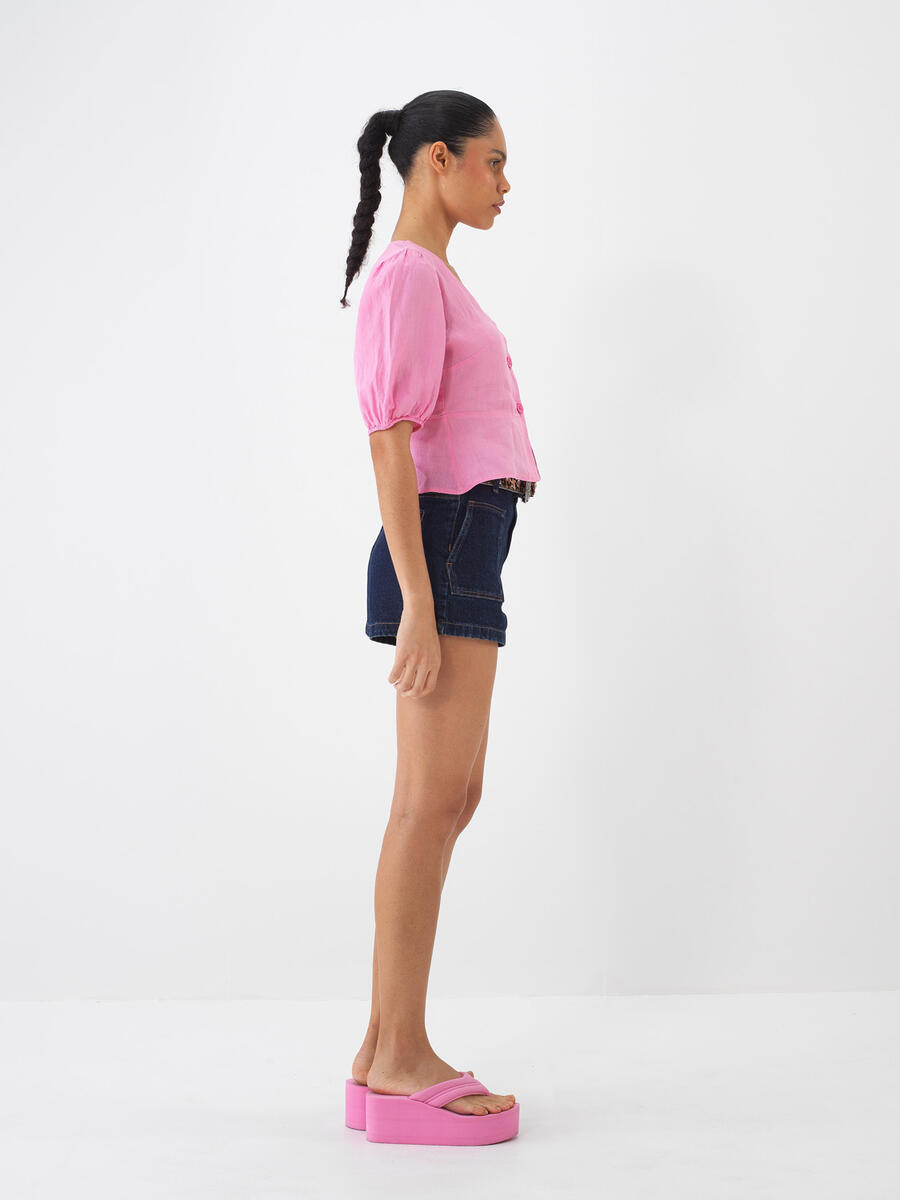 Pembe %100 Keten Regular Fit Bluz - 3