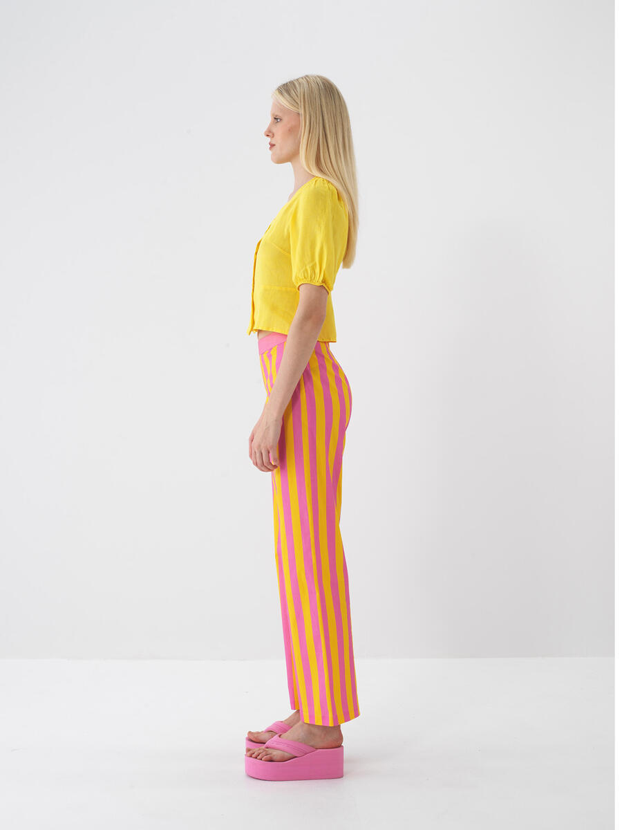Sarı %100 Keten Regular Fit Bluz - 4