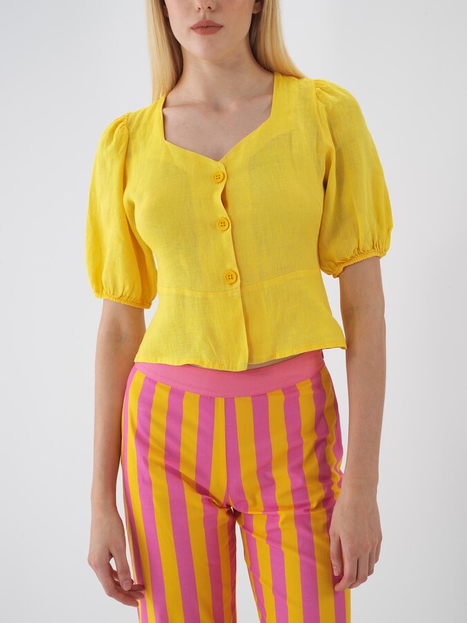 Sarı %100 Keten Regular Fit Bluz (1)