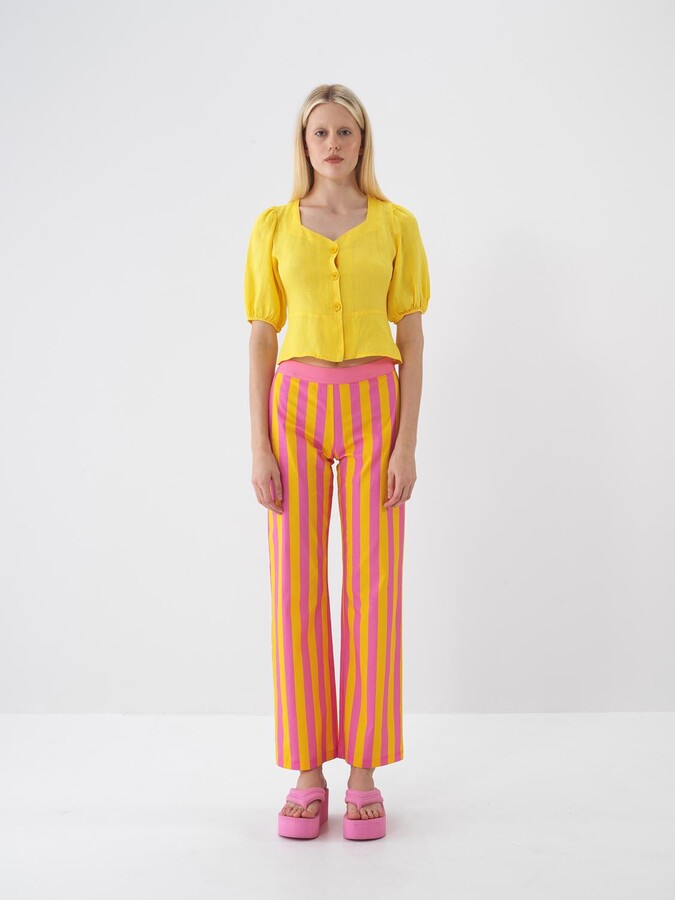 Sarı %100 Keten Regular Fit Bluz