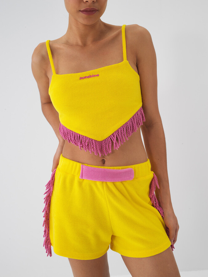 Sarı Pamuk Dokulu Slim Fit Bluz - 3