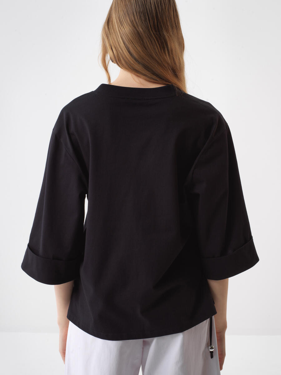 Siyah Pamuk Dokulu Oversize Bluz - 4