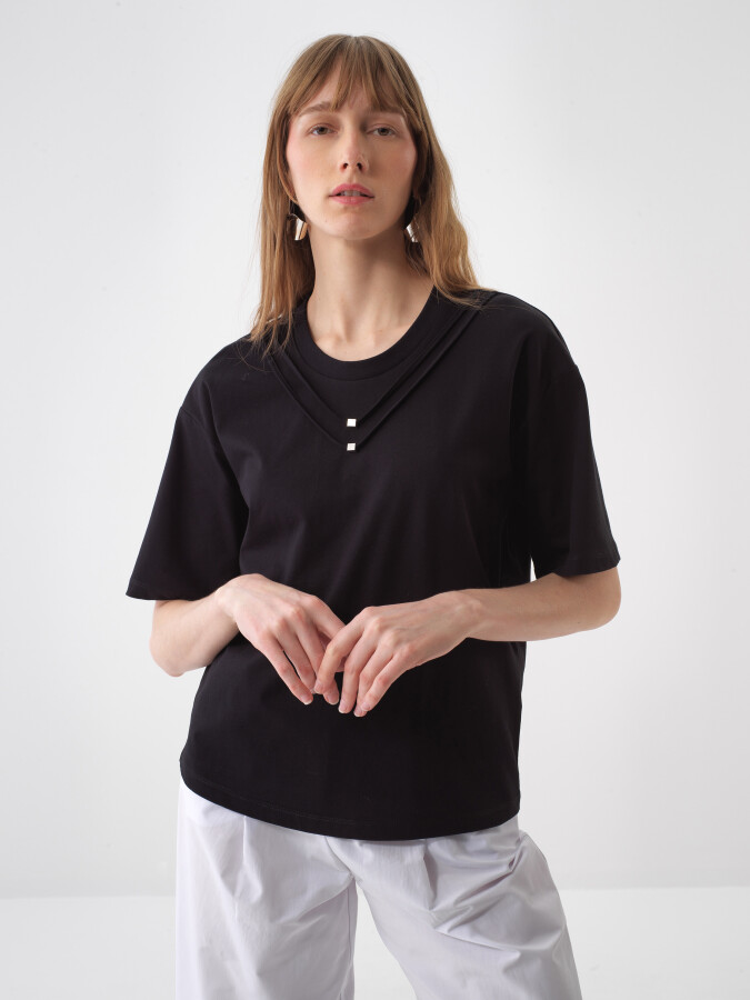 Siyah Pamuk Dokulu Oversize Bluz - 1