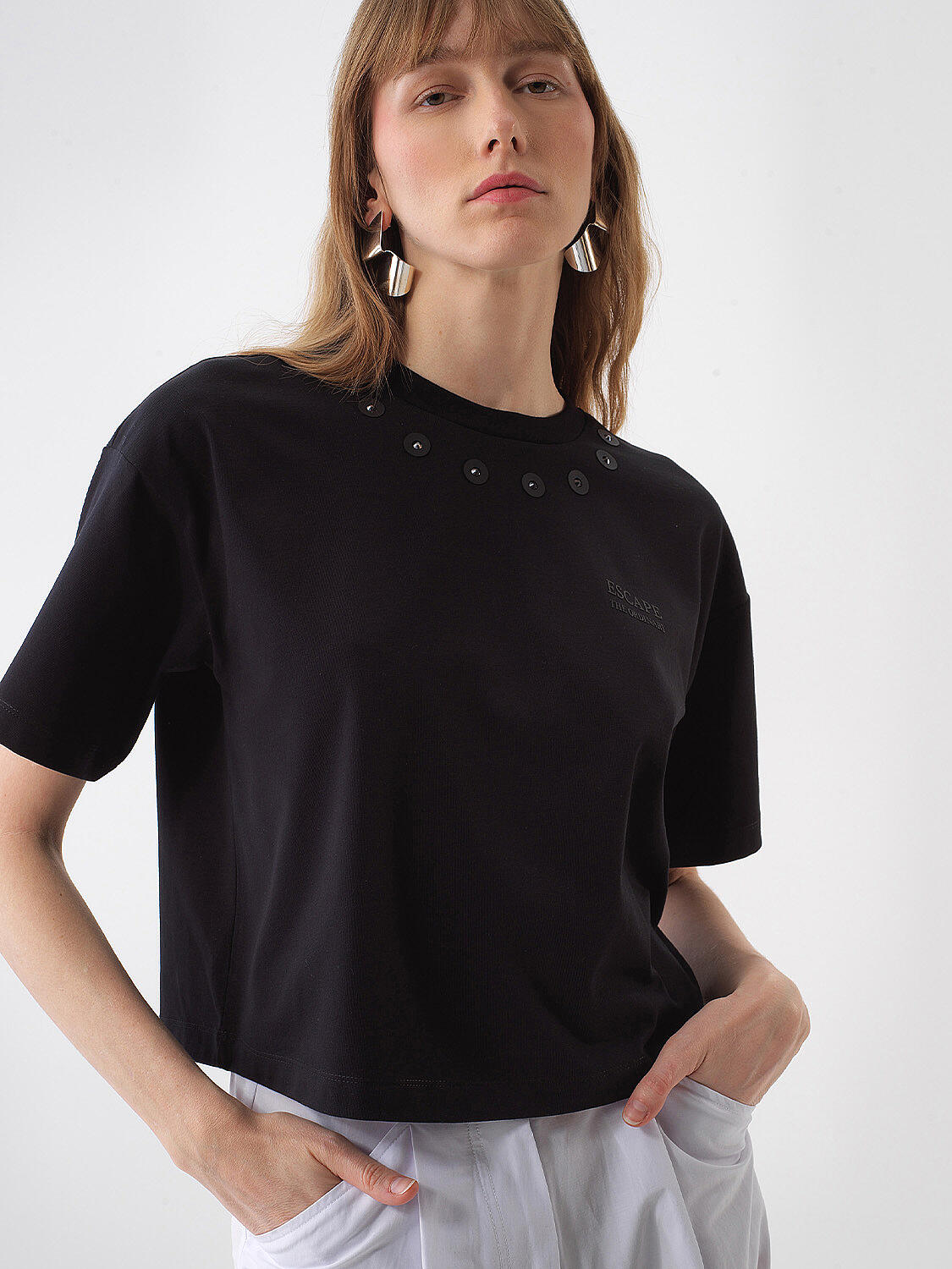 Siyah Pamuk Dokulu Oversize Bluz - 1