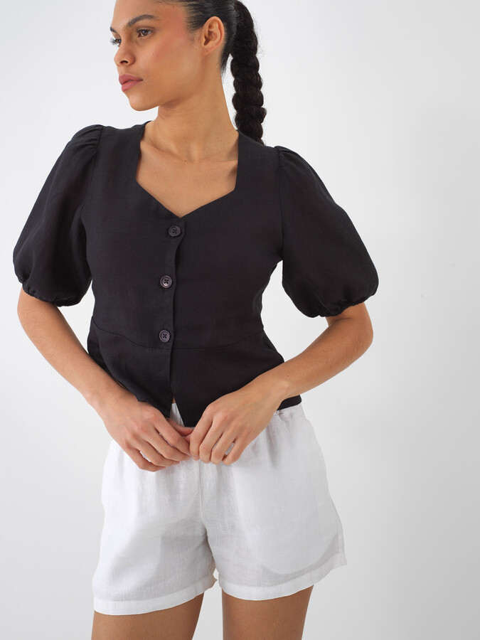 Siyah %100 Keten Regular Fit Bluz