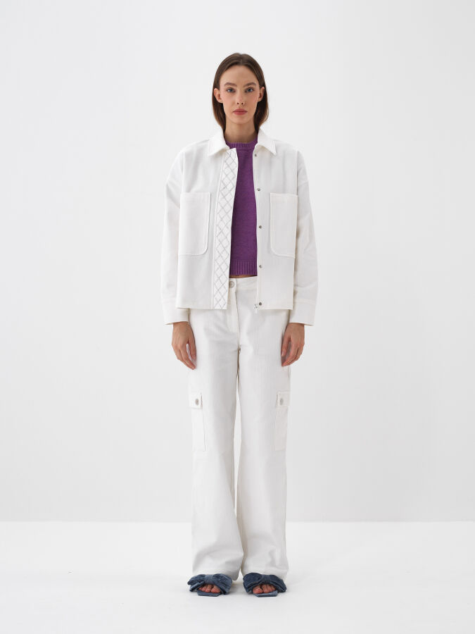 Beyaz Lüks Dokulu Soft Kadife Oversize Ceket - Xint