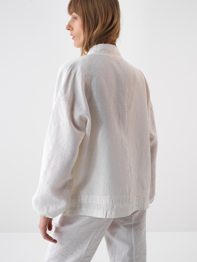 Beyaz %100 Keten Oversize Ceket - 4
