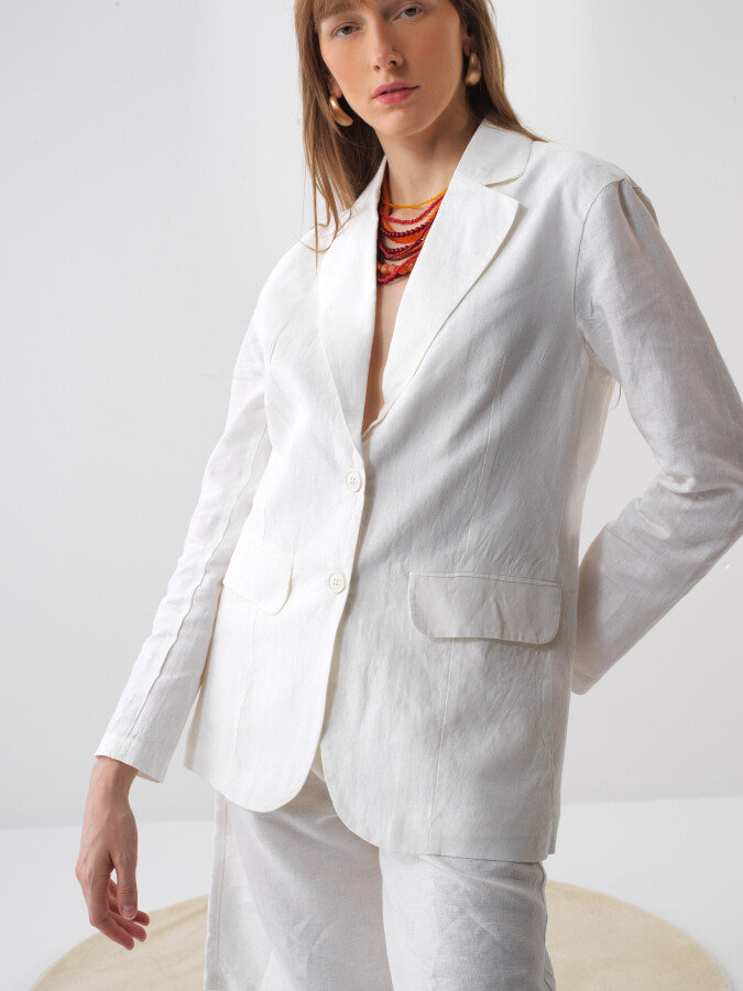 Kırık Beyaz %100 Keten Regular Fit Ceket