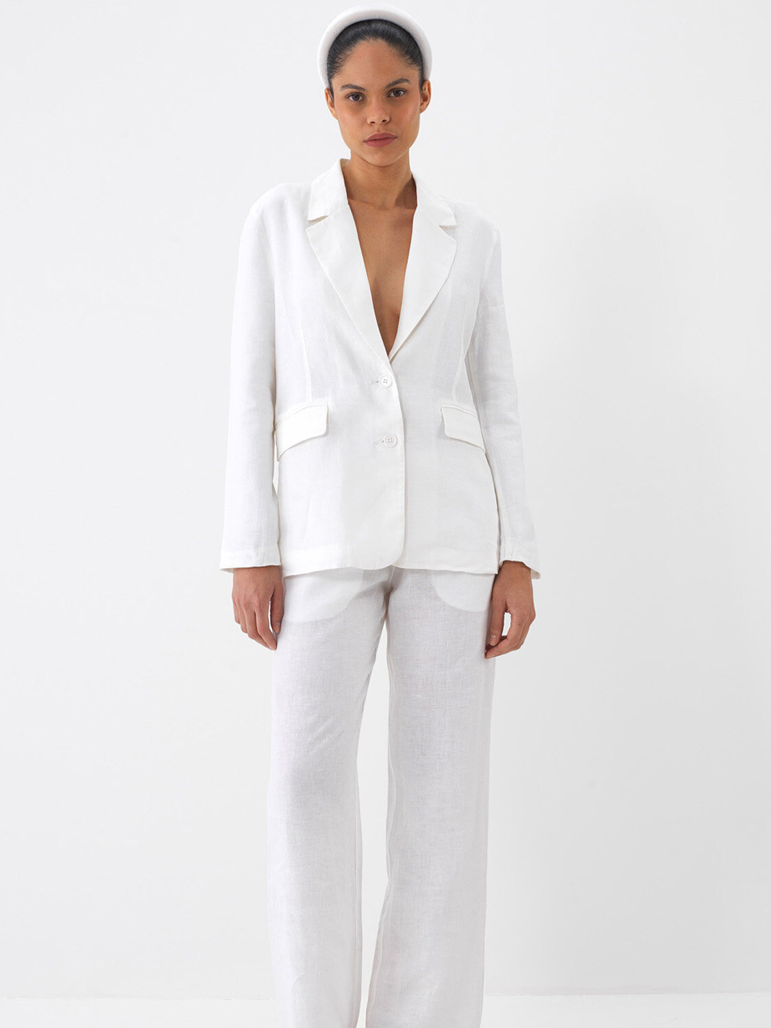 Beyaz %100 Keten Regular Fit Ceket