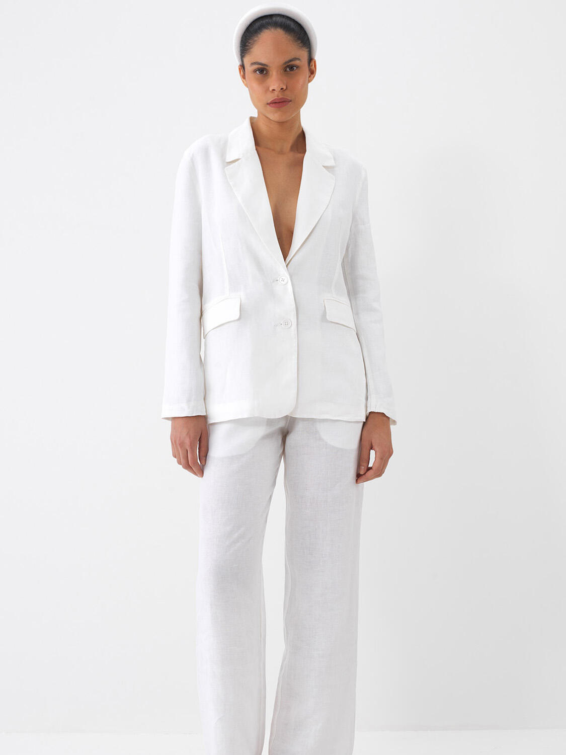 Beyaz %100 Keten Regular Fit Ceket (1)
