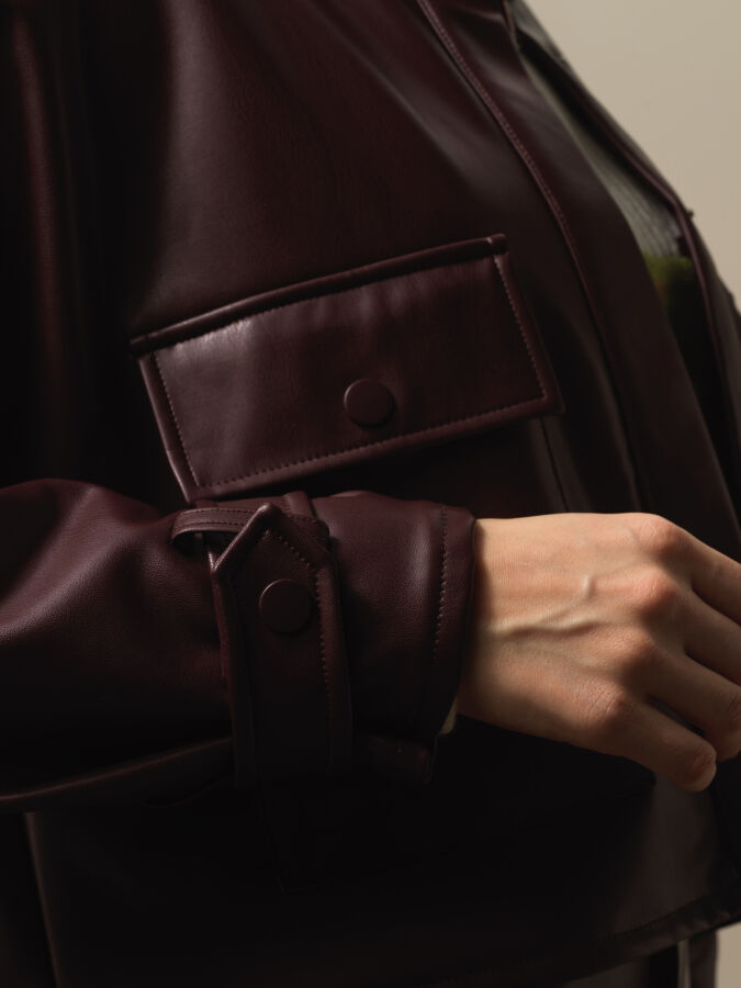 Bordo Deri Görünümlü Oversize Ceket - Xint