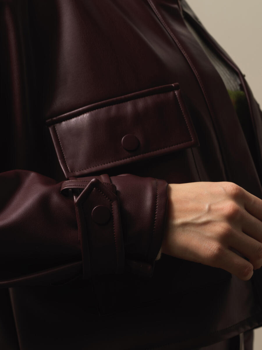 Bordo Deri Görünümlü Oversize Ceket - 3