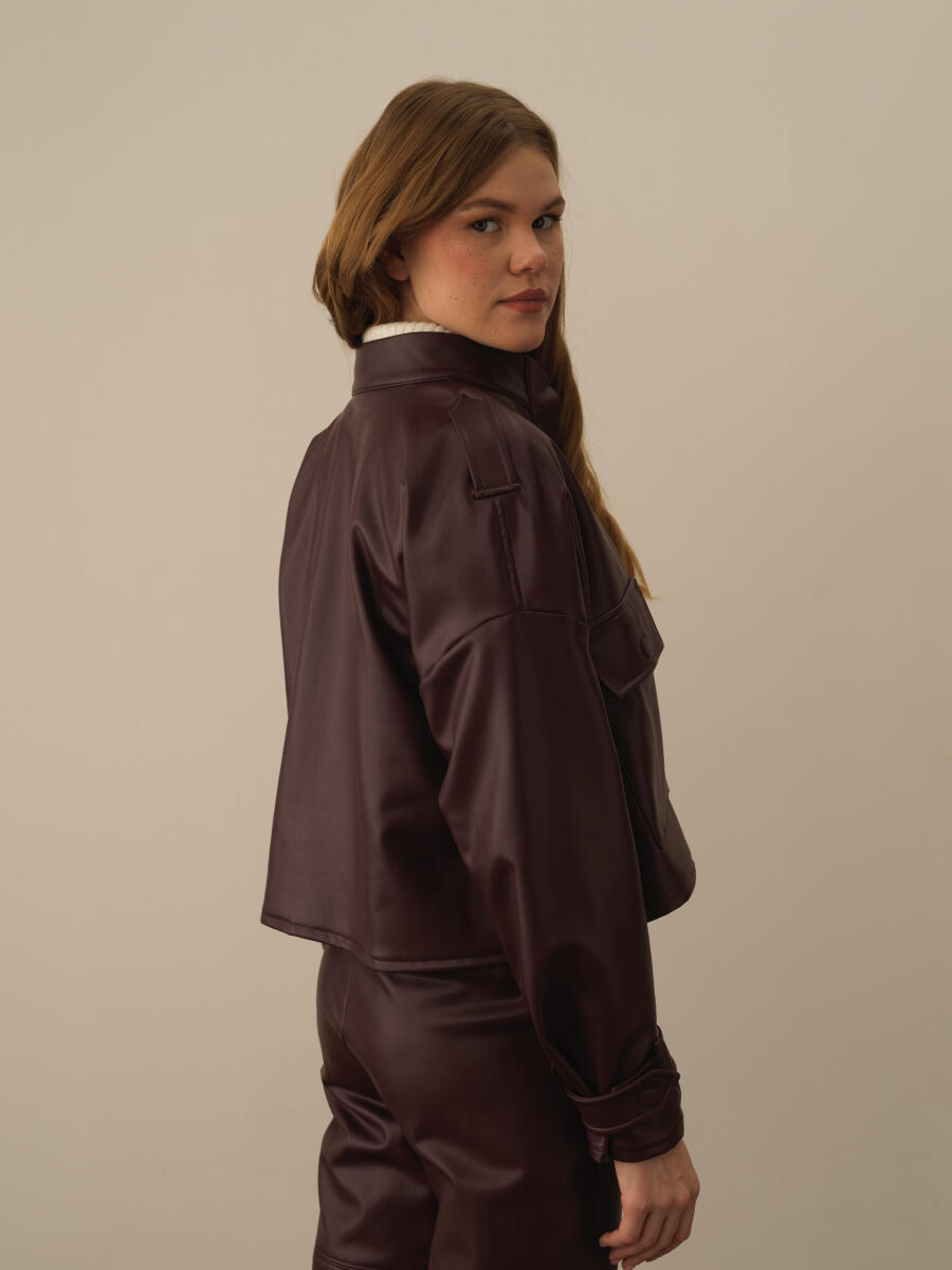 Bordo Deri Görünümlü Oversize Ceket - 4