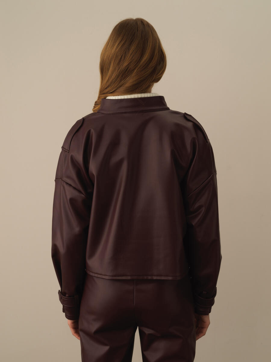 Bordo Deri Görünümlü Oversize Ceket - 5