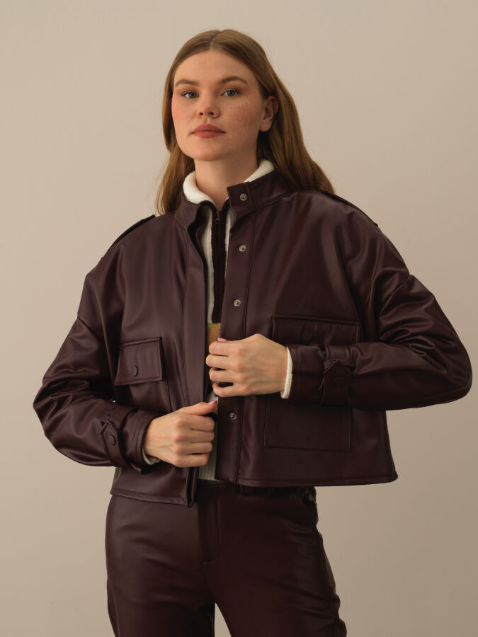 Bordo Deri Görünümlü Oversize Ceket - Xint