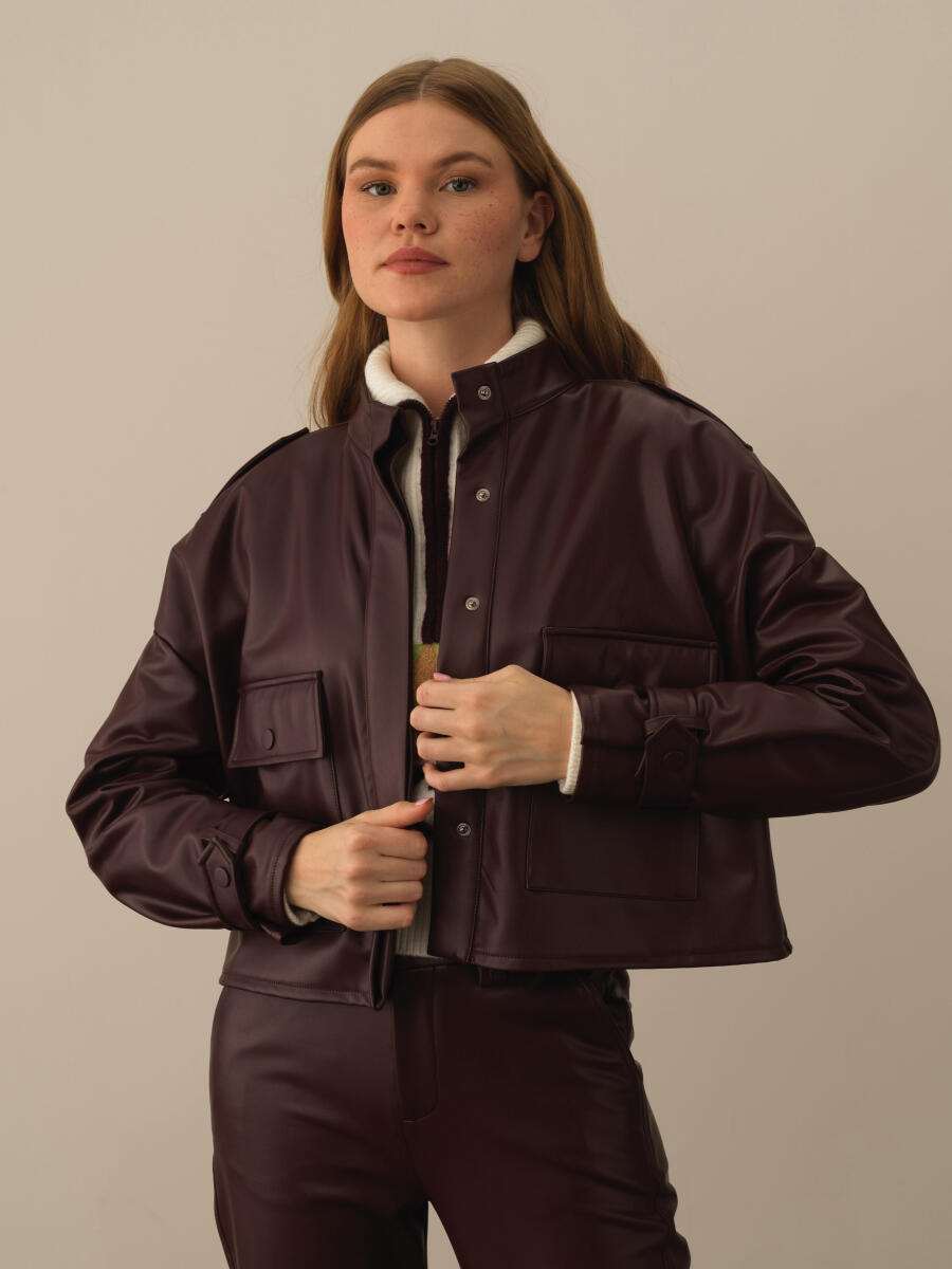Bordo Deri Görünümlü Oversize Ceket
