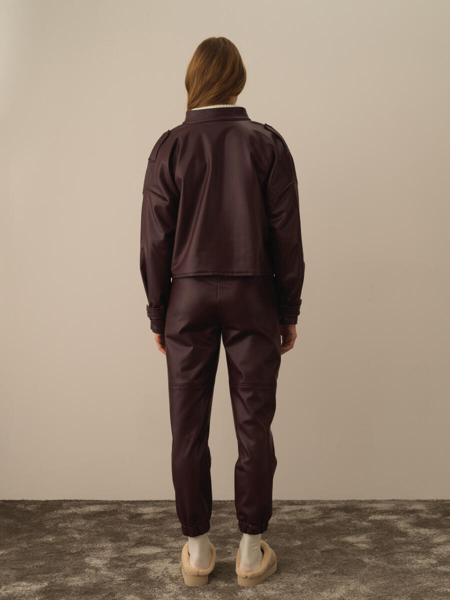 Bordo Deri Görünümlü Oversize Ceket - 6