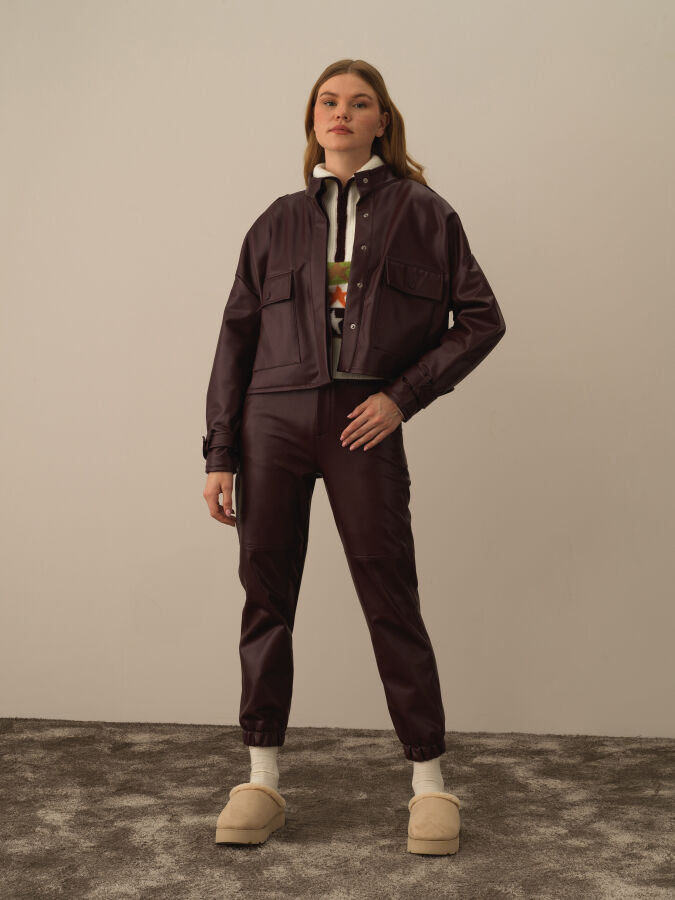 Bordo Deri Görünümlü Oversize Ceket - Xint