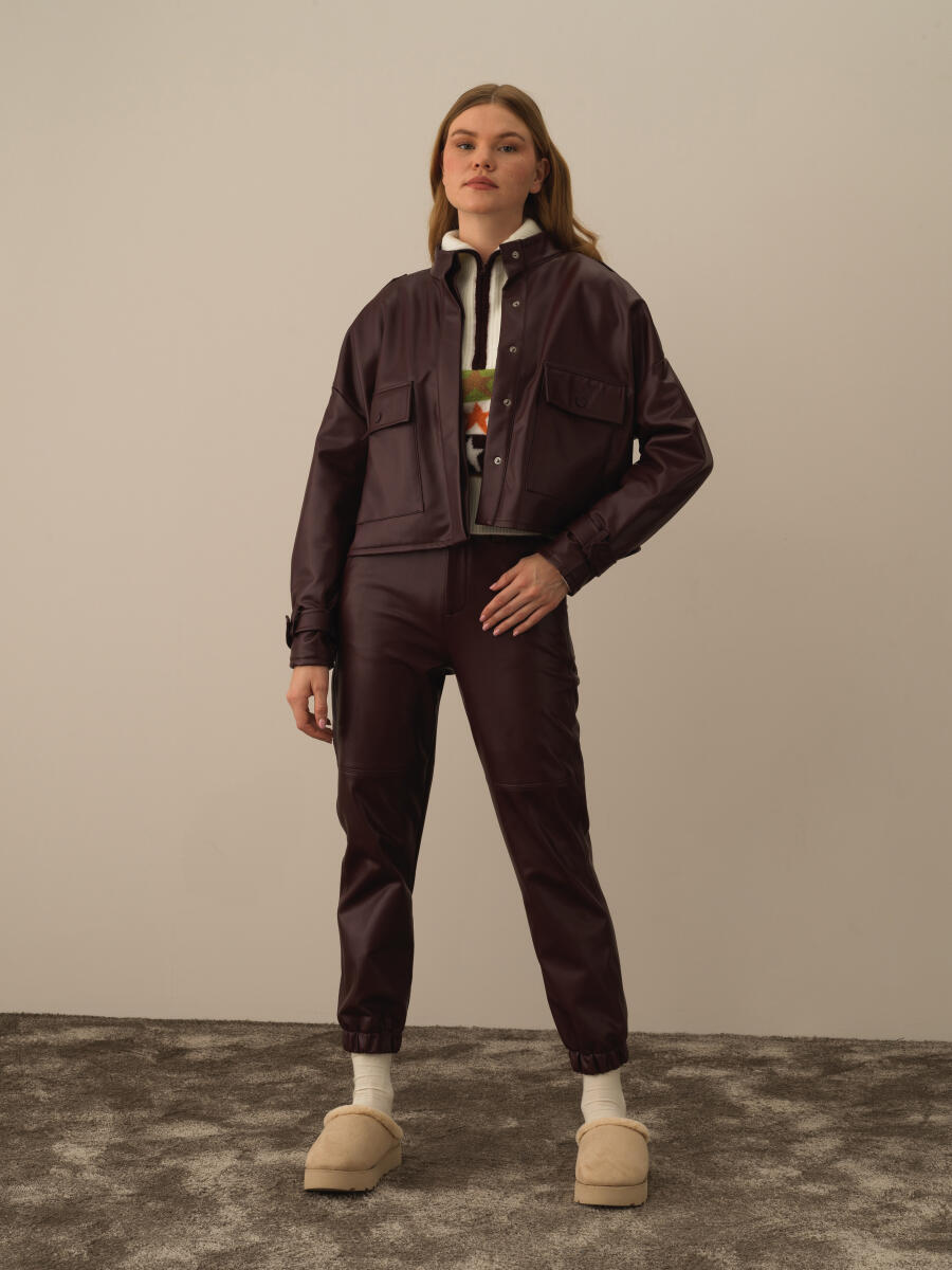 Bordo Deri Görünümlü Oversize Ceket - 2