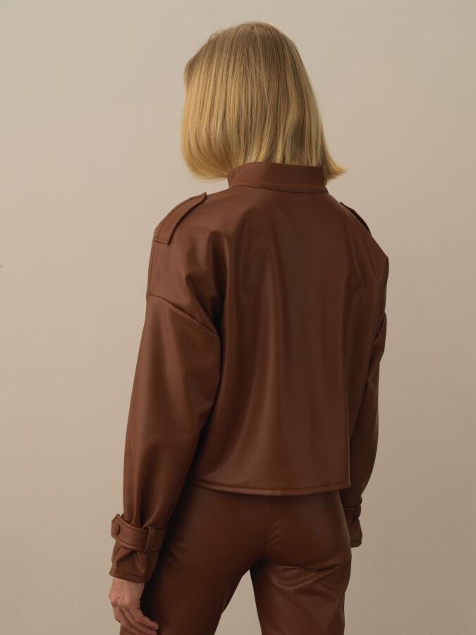 Camel Deri Görünümlü Oversize Ceket - Xint