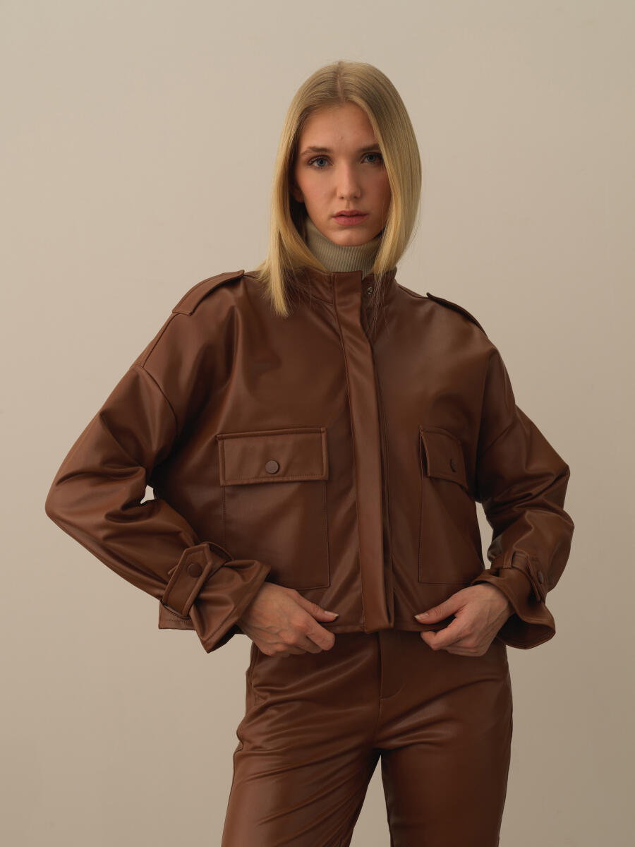 Camel Oversize Deri Görünümlü Ceket - 1