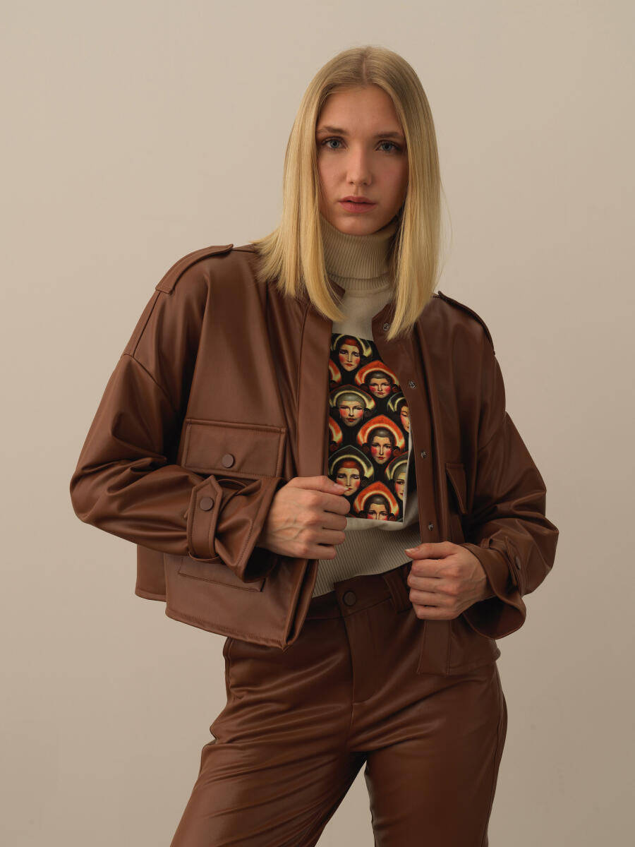 Camel Oversize Deri Görünümlü Ceket - 3