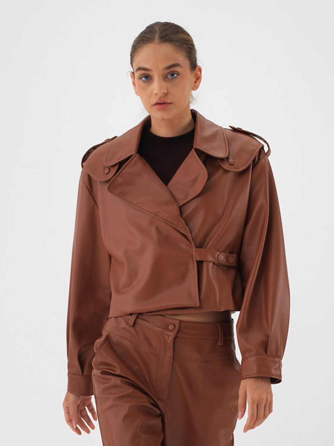 Camel Deri Görünümlü Oversize Ceket - 3