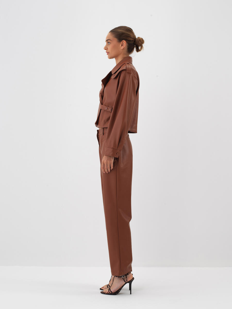 Camel Deri Görünümlü Oversize Ceket - 4