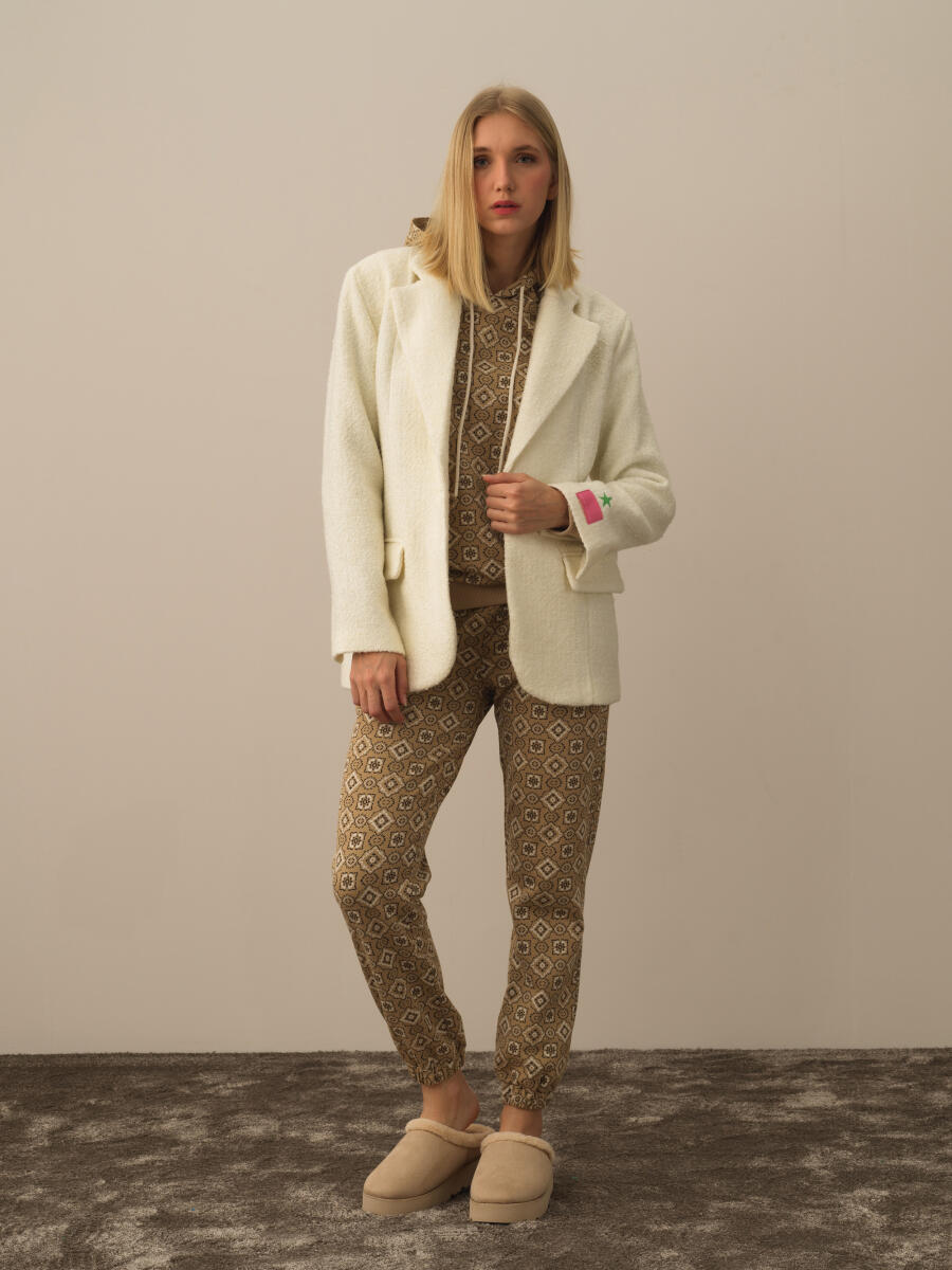 Ekru Doğal Yün Dokulu Oversize Ceket - 2