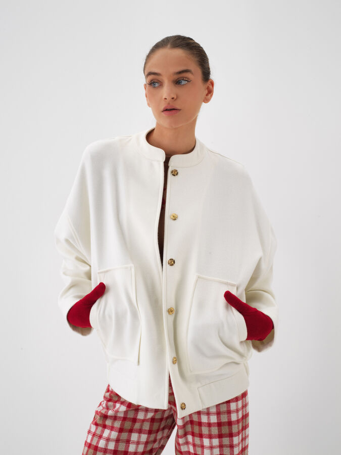 Ekru Esnek Dokulu Oversize Ceket - Xint