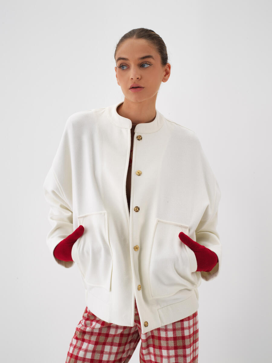 Ekru Esnek Dokulu Oversize Ceket - 2
