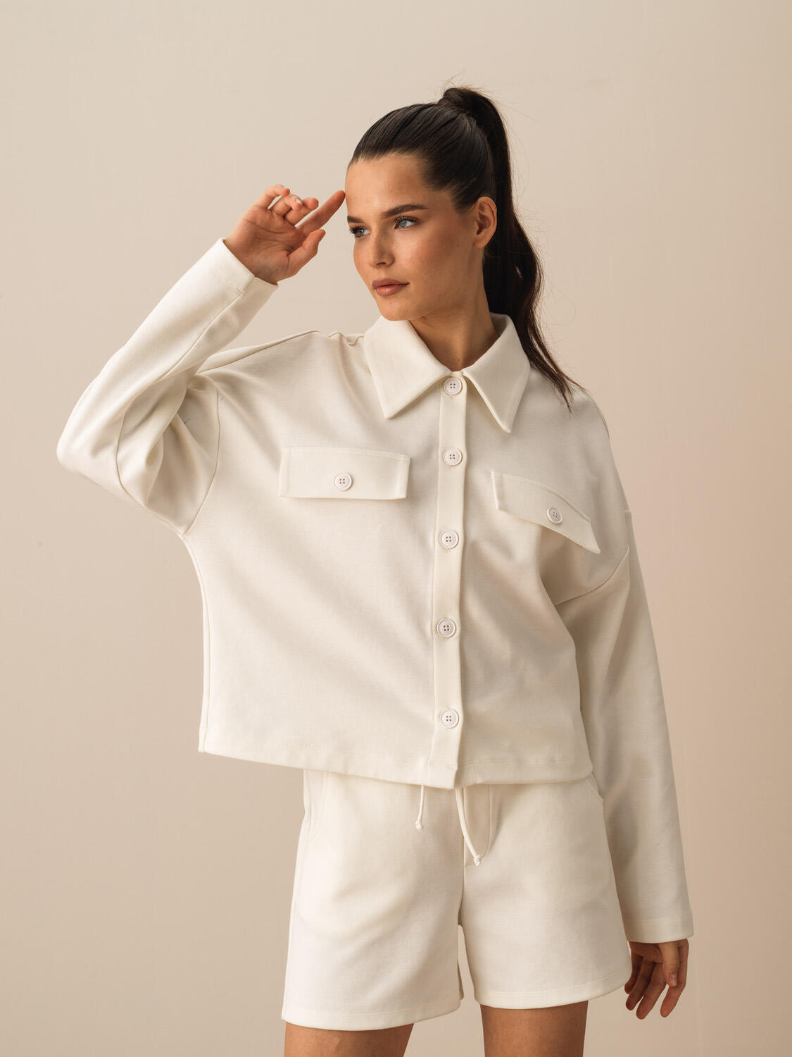 Ekru Pamuk Dokulu Oversize Ceket