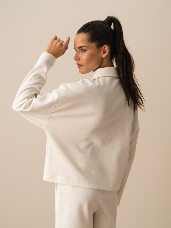 Ekru Pamuk Dokulu Oversize Ceket - 3