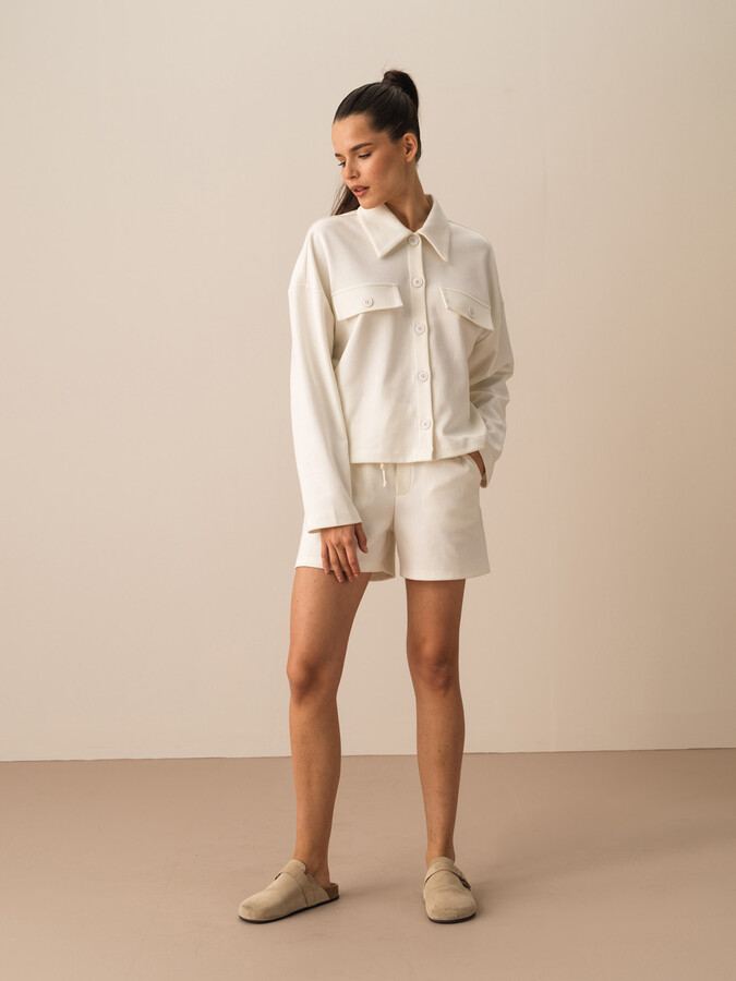 Ekru Pamuk Dokulu Oversize Ceket - 2