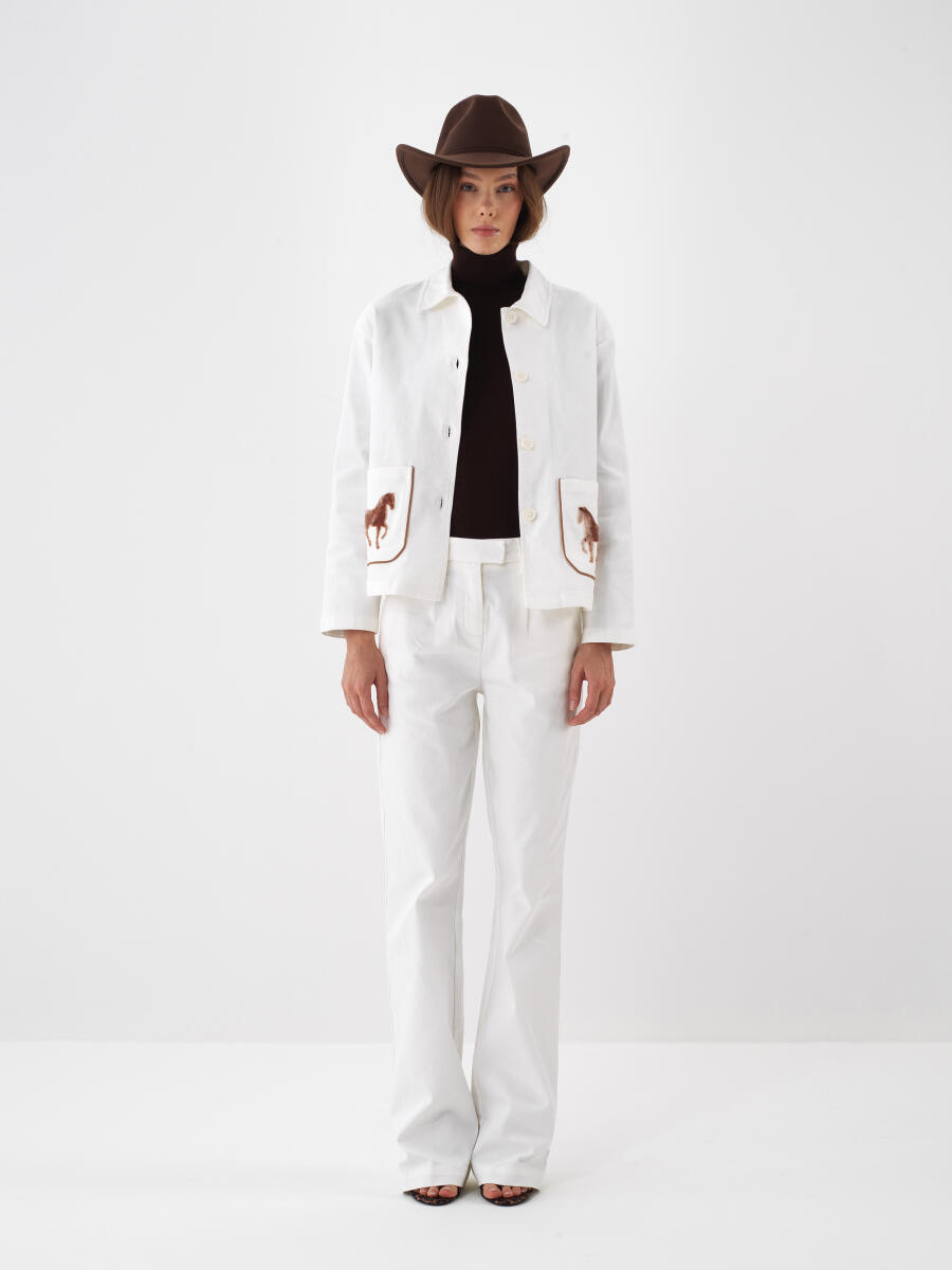 Ekru Pamuk Dokulu Oversize Ceket - 2