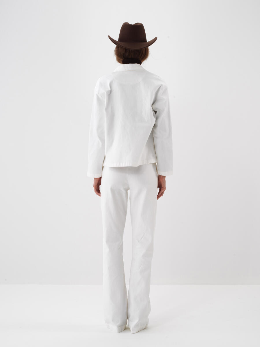 Ekru Pamuk Dokulu Oversize Ceket - 5