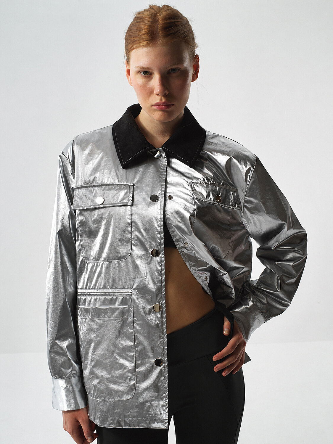 Gri Metalik Parlak Dokulu Oversize Ceket - 3