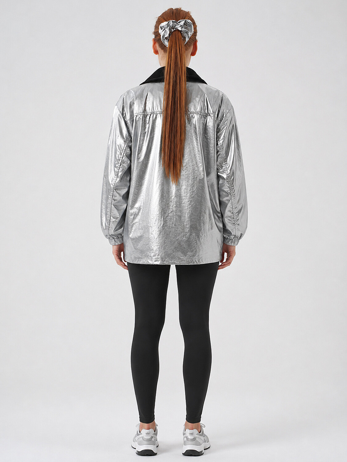 Gri Metalik Parlak Dokulu Oversize Ceket - 4