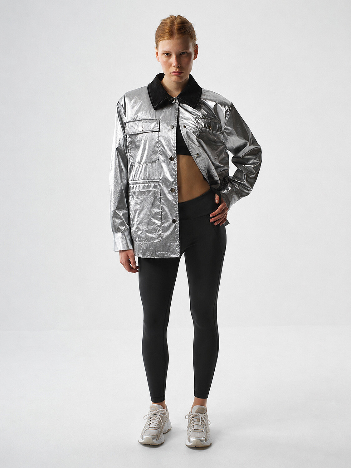 Gri Metalik Parlak Dokulu Oversize Ceket (1)