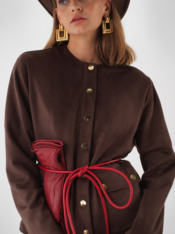 Kahverengi Soft Touch Süet Görünüm Oversize Ceket