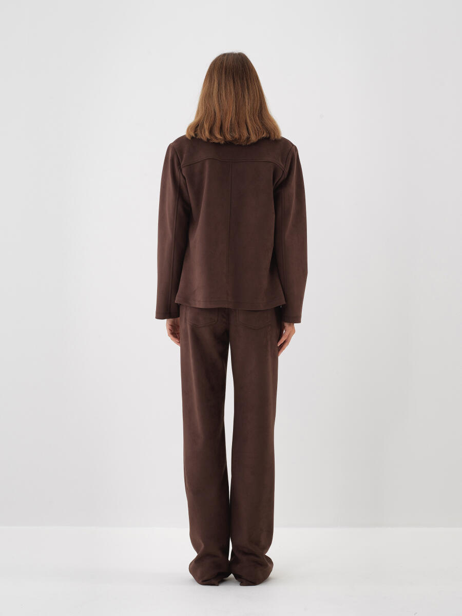 Kahverengi Soft Touch Süet Görünüm Oversize Ceket - 5