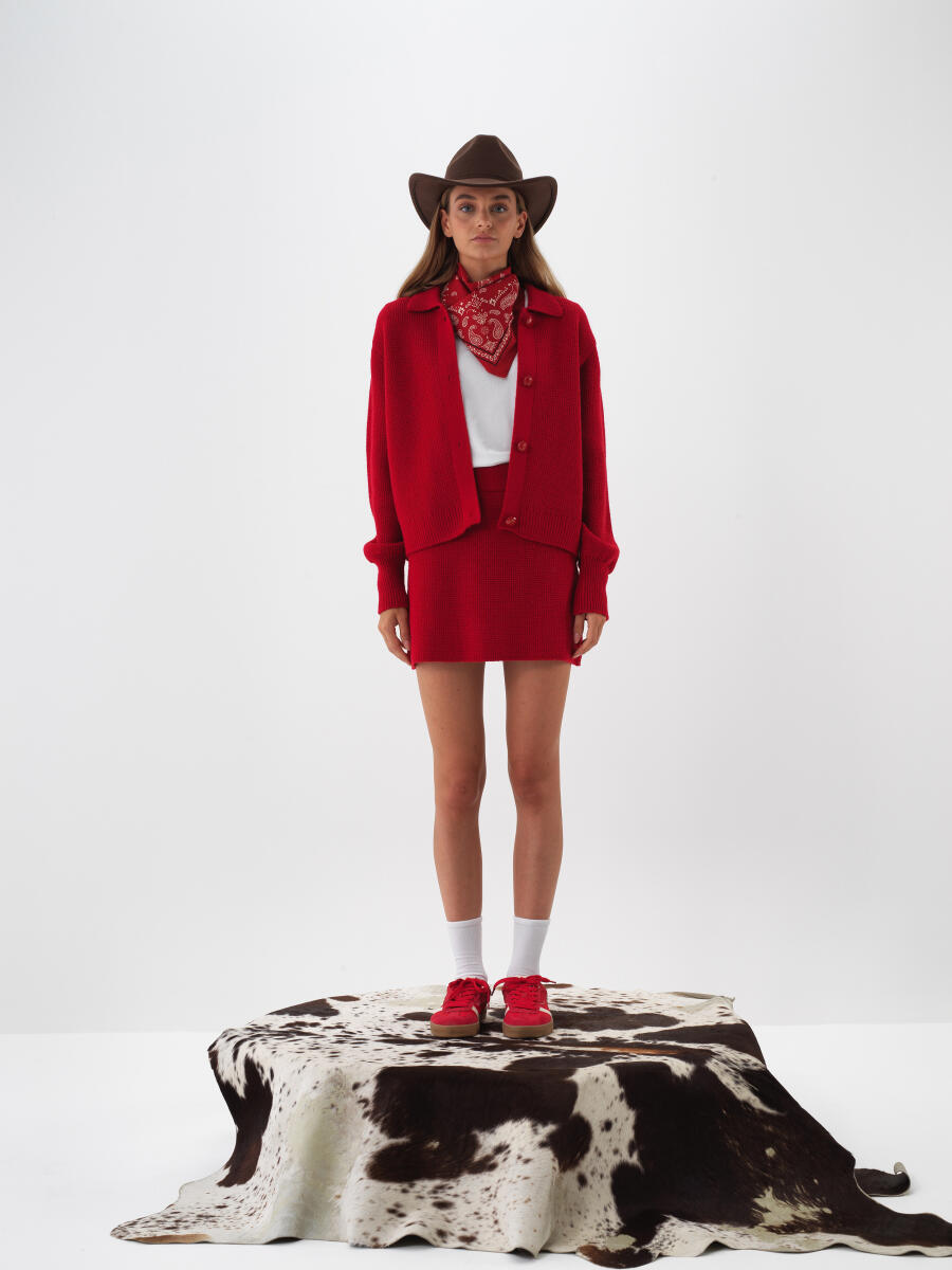 Kırmızı Doğal Yün Dokulu Oversize Ceket