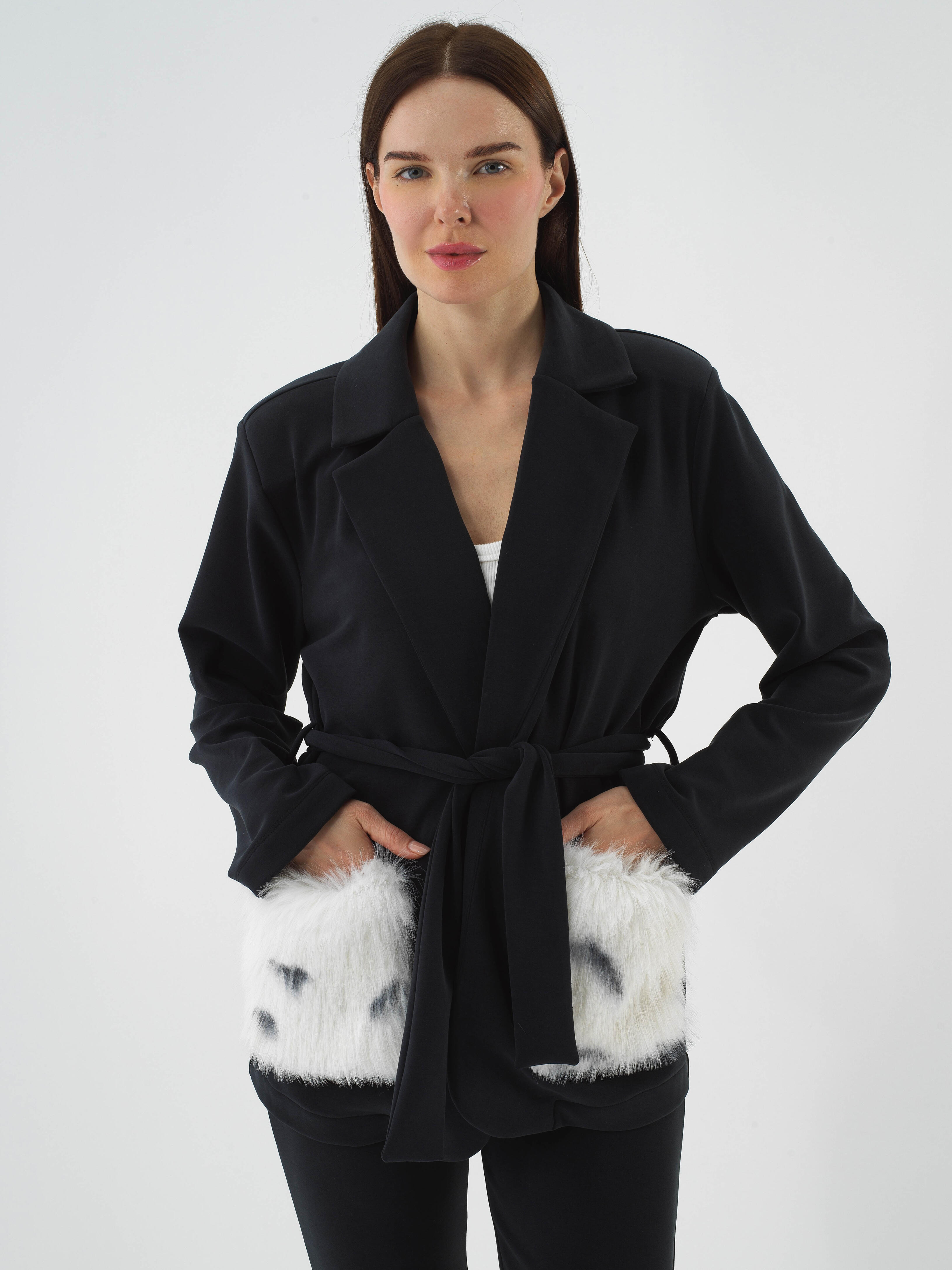 Lacivert Modal Dokulu Oversize Ceket - 1