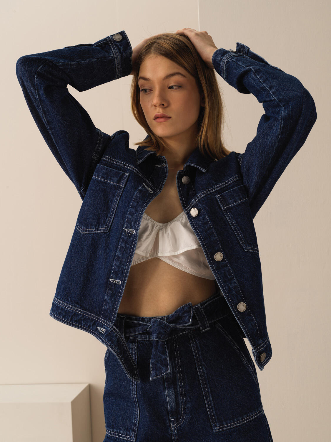 Lacivert Pamuk Dokulu Oversize Ceket