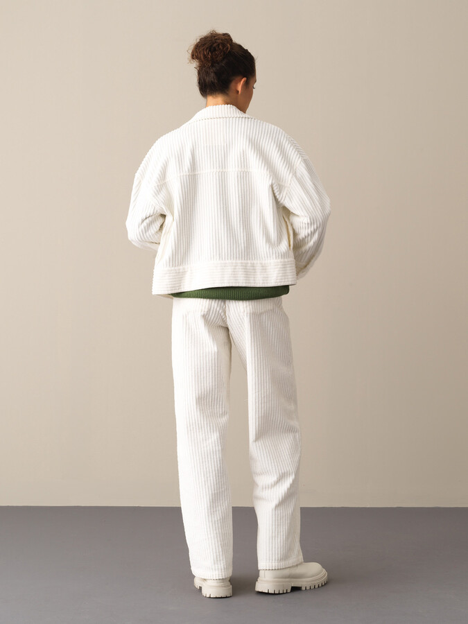Ekru Oversize Pamuklu Kadife Ceket - 4