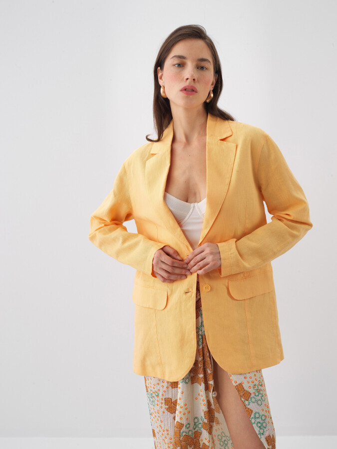 Sarı %100 Keten Regular Fit Ceket