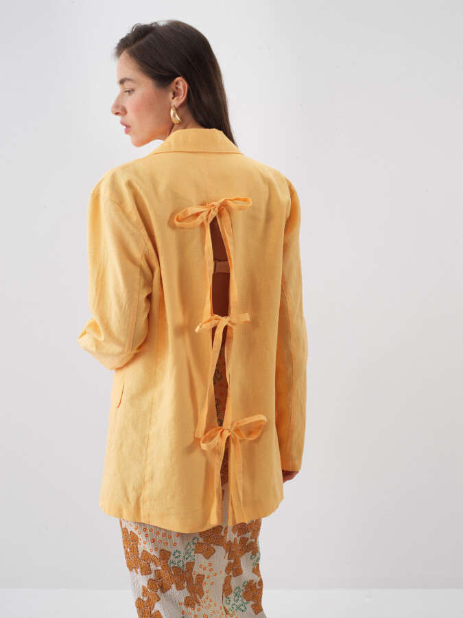 Sarı %100 Keten Regular Fit Ceket - 3