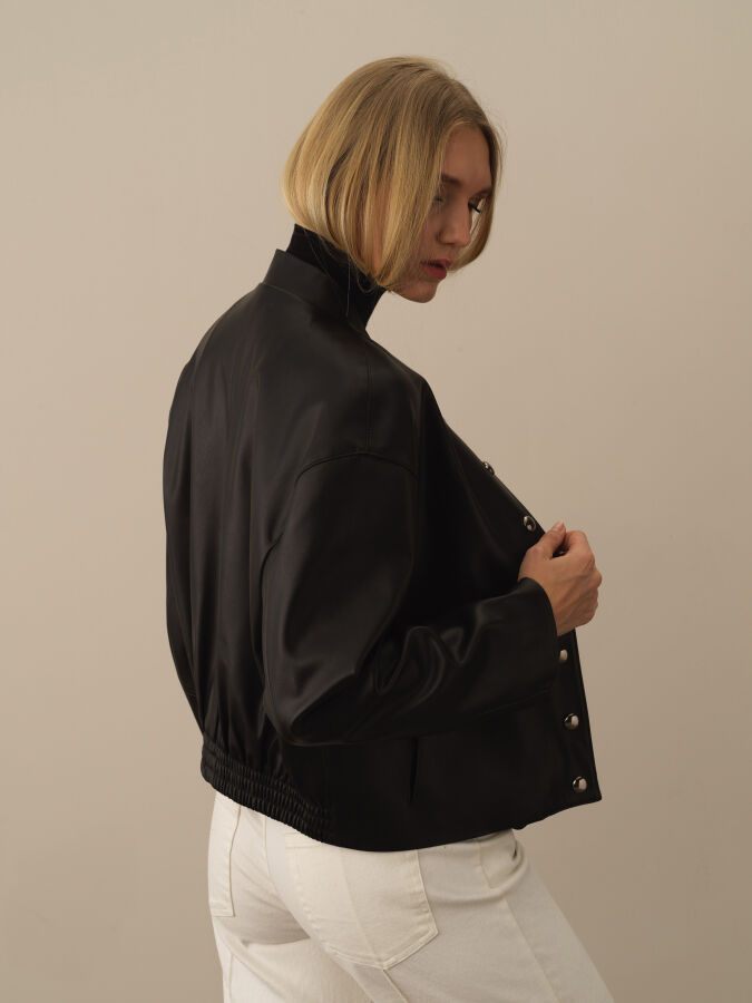 Siyah Oversize Deri Görünümlü Ceket - 3